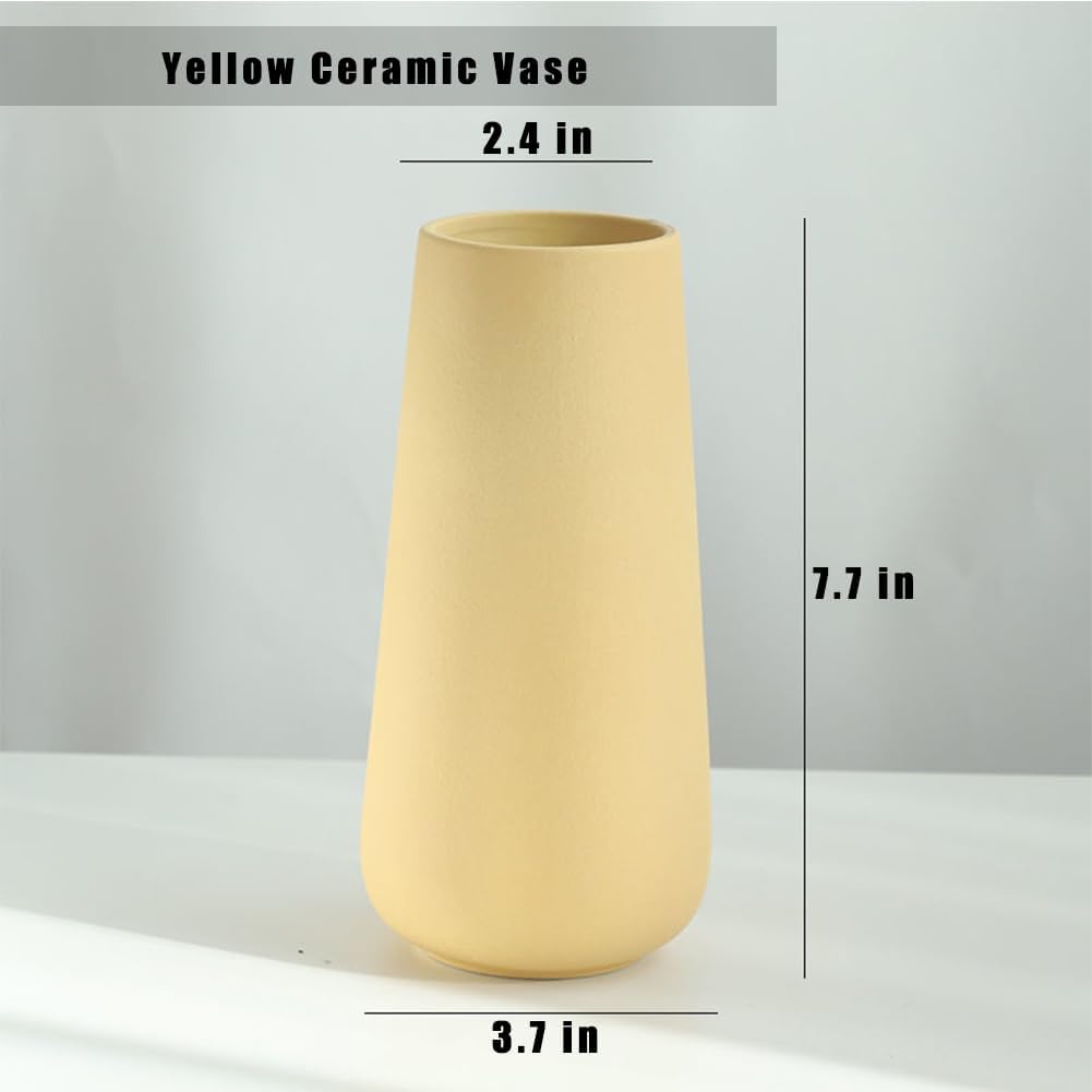 Yellow Ceramic Vase, 7.7" H, Minimalist Modern Home Decoration, Matte Design for Fireplace Bedroom Kitchen Living Room Centerpieces Office Desk, Fit for Holding Dried Flowers, Fresh Flowers