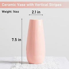 White Ceramic Vase, 7.5 Inch Flower Vase with Vertical Stripes for Pampas Calla Lily Tulip, Minimalism Modern Style for Housewarming, Weddings, Birthday, Christmas, Thanksgiving, New Year