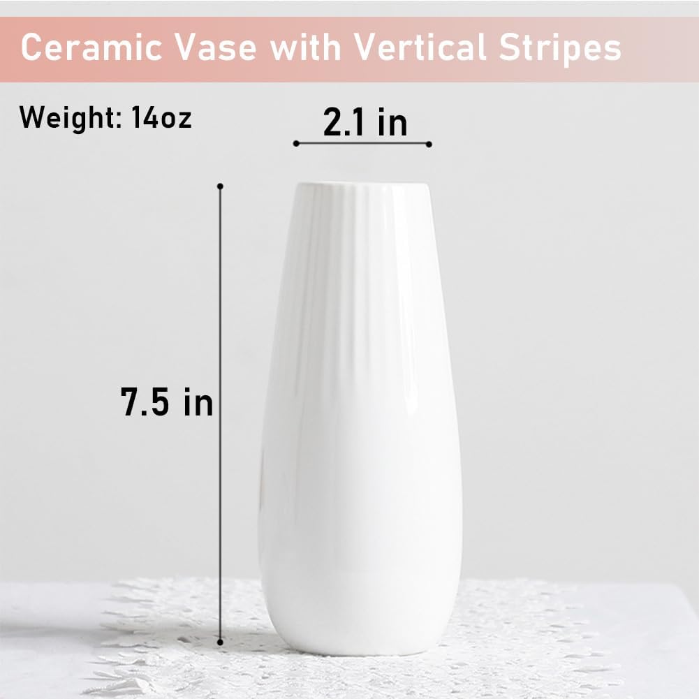 White Ceramic Vase, 7.5 Inch Flower Vase with Vertical Stripes for Pampas Calla Lily Tulip, Minimalism Modern Style for Housewarming, Weddings, Birthday, Christmas, Thanksgiving, New Year
