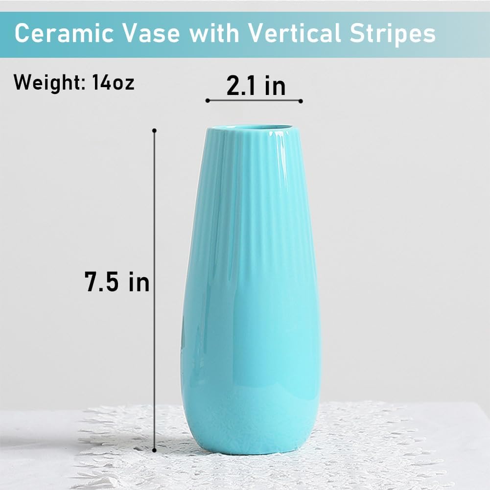 White Ceramic Vase, 7.5 Inch Flower Vase with Vertical Stripes for Pampas Calla Lily Tulip, Minimalism Modern Style for Housewarming, Weddings, Birthday, Christmas, Thanksgiving, New Year