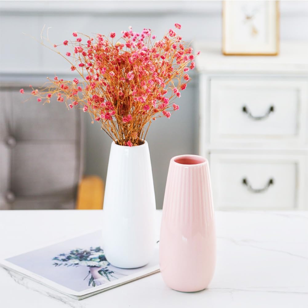 White Ceramic Vase, 7.5 Inch Flower Vase with Vertical Stripes for Pampas Calla Lily Tulip, Minimalism Modern Style for Housewarming, Weddings, Birthday, Christmas, Thanksgiving, New Year