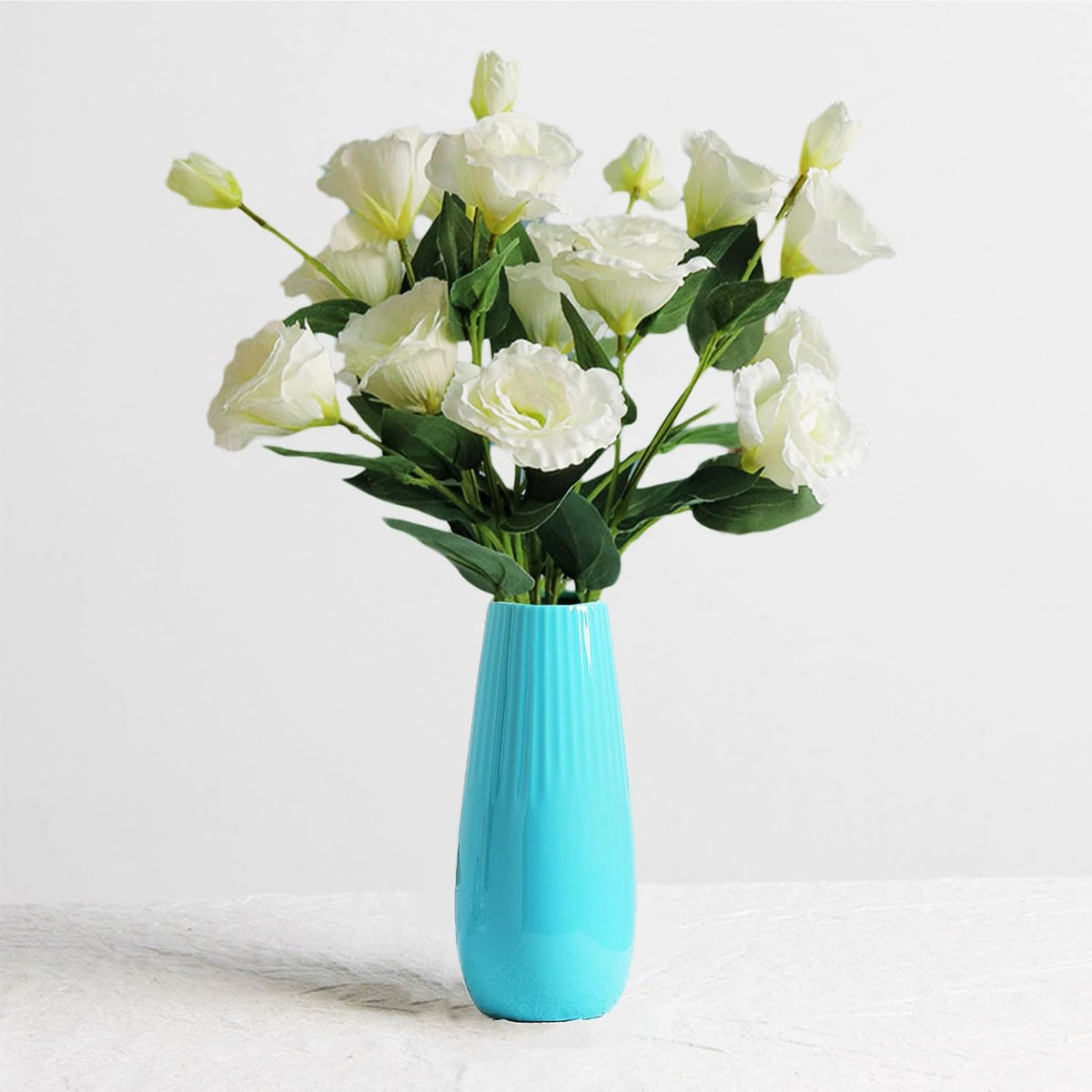 White Ceramic Vase, 7.5 Inch Flower Vase with Vertical Stripes for Pampas Calla Lily Tulip, Minimalism Modern Style for Housewarming, Weddings, Birthday, Christmas, Thanksgiving, New Year