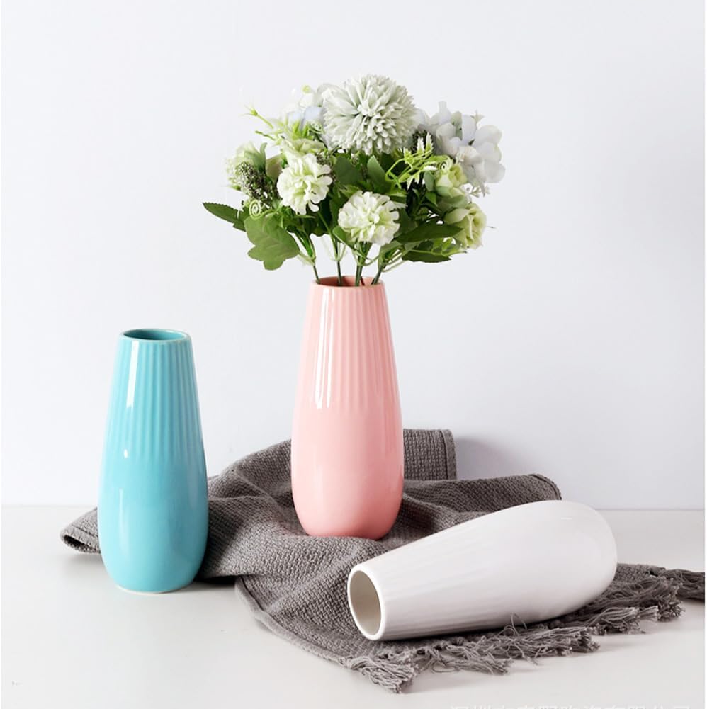 White Ceramic Vase, 7.5 Inch Flower Vase with Vertical Stripes for Pampas Calla Lily Tulip, Minimalism Modern Style for Housewarming, Weddings, Birthday, Christmas, Thanksgiving, New Year